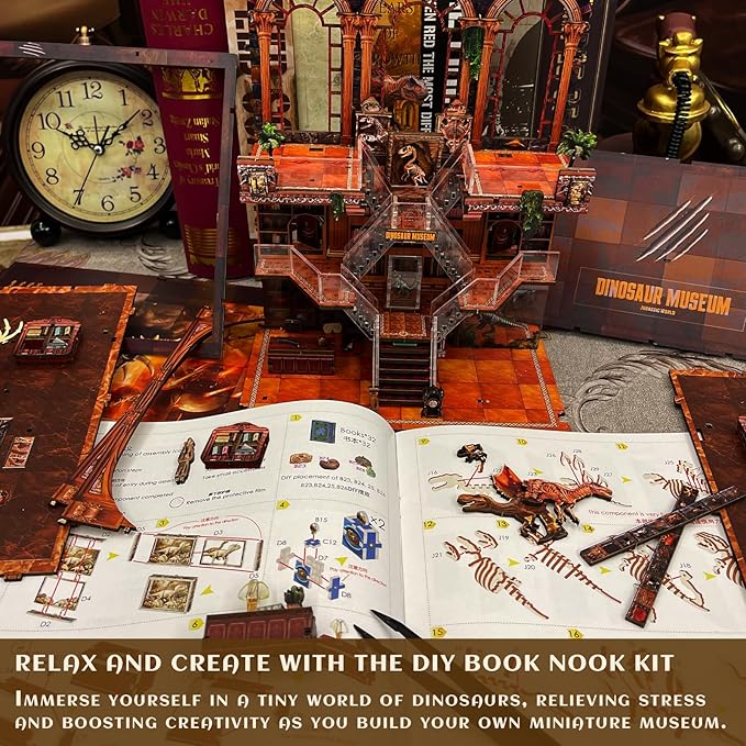 Book Nook Kit - DIY Booknook for Dinosaur Museum 3D Wooden Puzzle with LED Light, Stunning Bookshelf Decor, for Holidays, Birthdays & Home Libraries