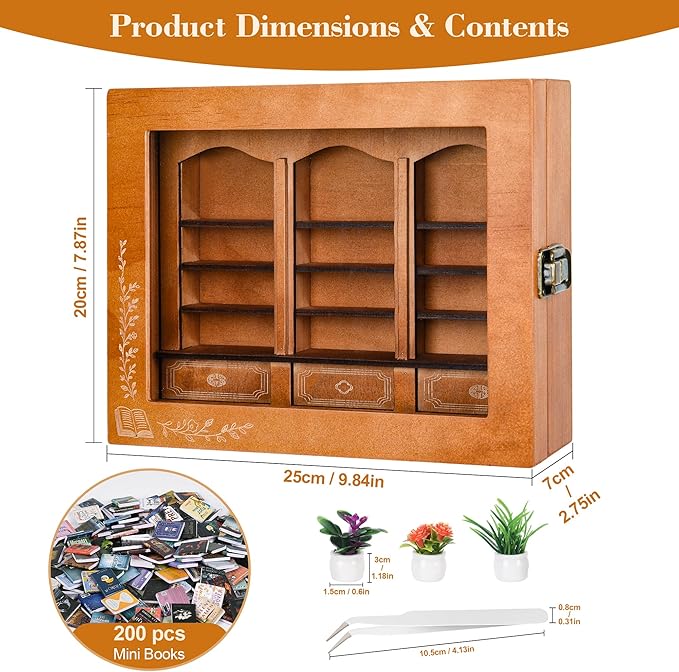 Anxiety Bookshelf with 200 Mini Books, Mini Library Decor, Shake Away Your Anxiety, Includes 1 Bookshelf, 3 Plant Flowers, and 1 Tweezers, Perfect for Book Lovers, Students, Family, and Friends