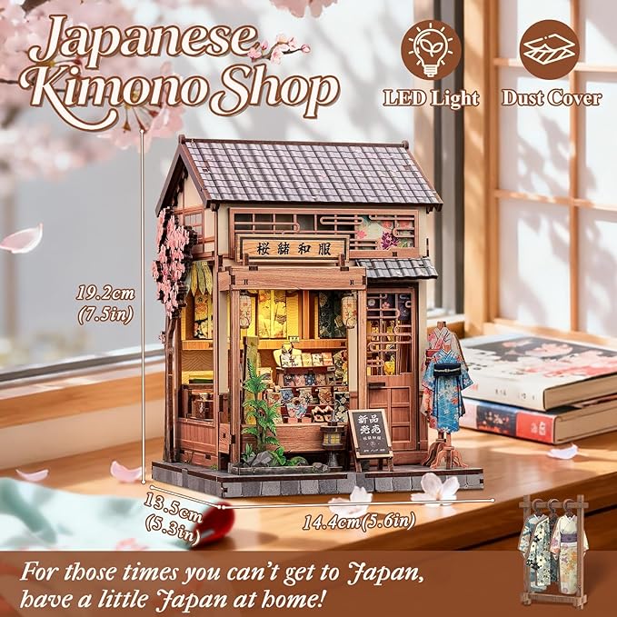 CUTEBEE Book Nook Kit - Japanese Sakura Kimono Shop DIY Dollhouse 3D Wooden Puzzle Booknook for Adults and Teens, Miniature House Bookshelf Decor, Ideal Gift for Family and Friends