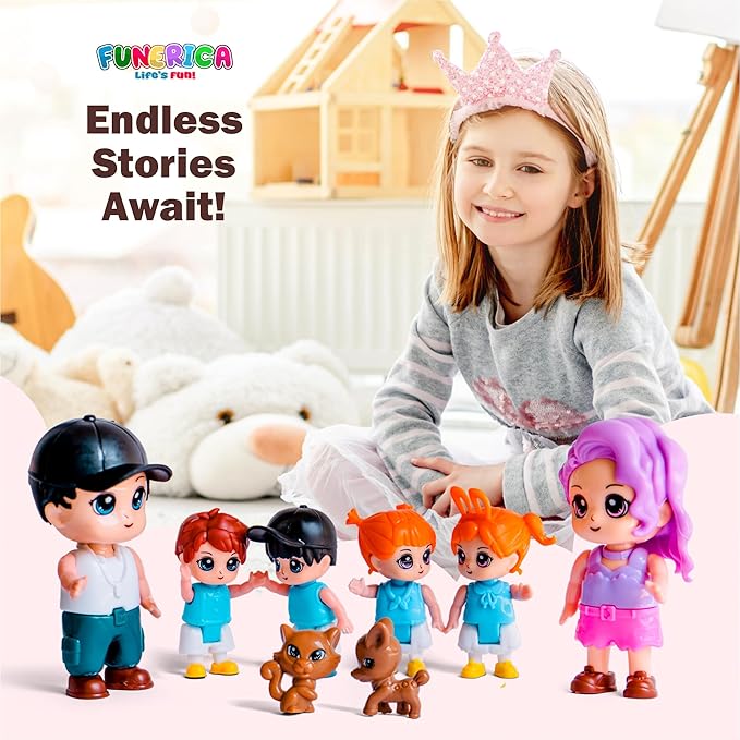 FUNERICA Dollhouse Family Figures & Pets – Bendable Play Dolls for Imaginative Fun & Doll House Play – Little People Family Set with Miniature Accessories – Made of Quality Plastic