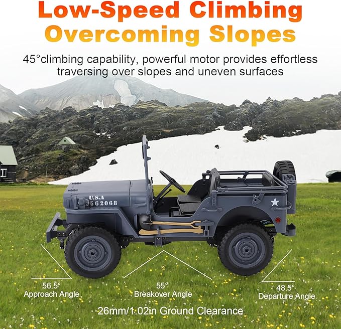 RC Crawlers, 1:10 Scale D888 Willys Military Jeep, 2.4Ghz 4WD Off Road Rock Crawler with Lights, Removable Accessories All Terrain RC Jeep Toy for Adult Teens-Upgradable (2 Batteries)