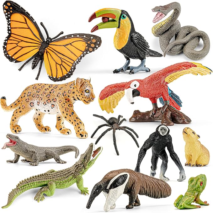 12PCS Realistic Rainforest Animal Figurines Toys, Rainforest Diorama Supplies Party Favor, Jungle Animals Figures Toys Learning Toys for Toddlers Kids Boys Girls, Toddler Playset