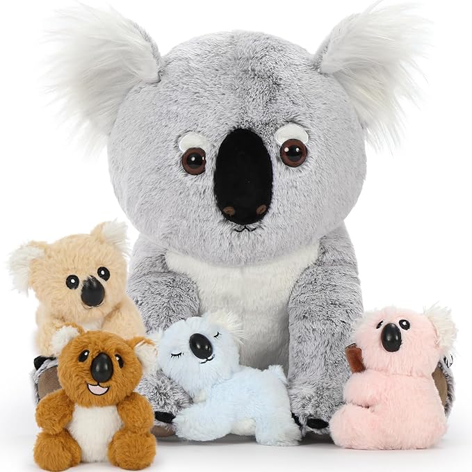 5Pcs Koala Bear Stuffed Animal 17.7 Inch, Mom Koala Plush Toy with 4 Adorable Babies Plushies in Zippered Back, Christmas Birthday Gift for Kids Boys Girls, Room Forest Party Decor