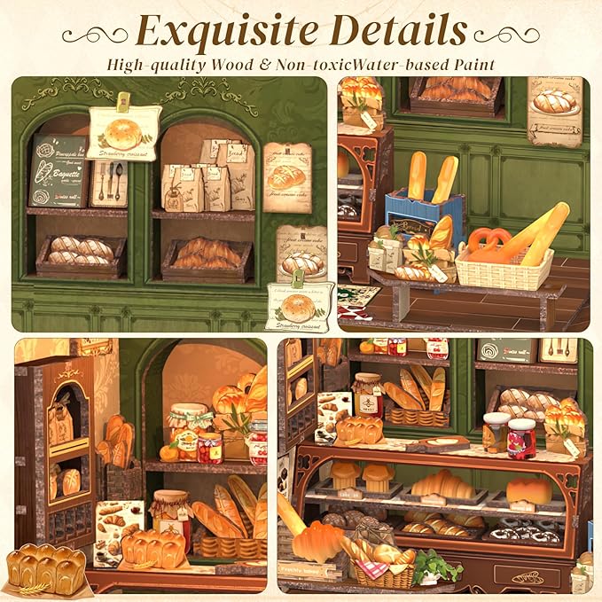 Cutefun Book Nook Kit - DIY Miniature Bread Shop Booknook Kits for Adults and Teens, 3D Wooden Puzzle Bookend Bookshelf with LED Light, Gifts for Family and Friends (Mrs.Hunt Bakery)