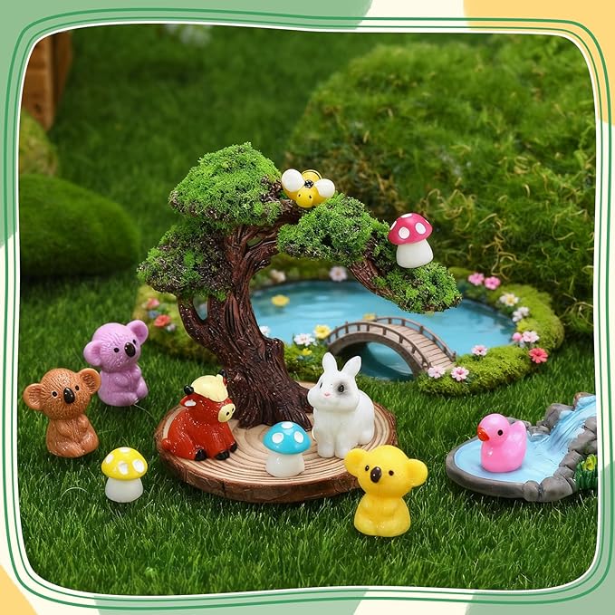 60 Pcs Mini Resin Animals with Organza Bag Card Miniature Resin Frog Rabbit Highland Cattle Koala Penguin Duck Mushroom Bee for DIY Cake Decoration Ornaments Crafts Moss Landscape