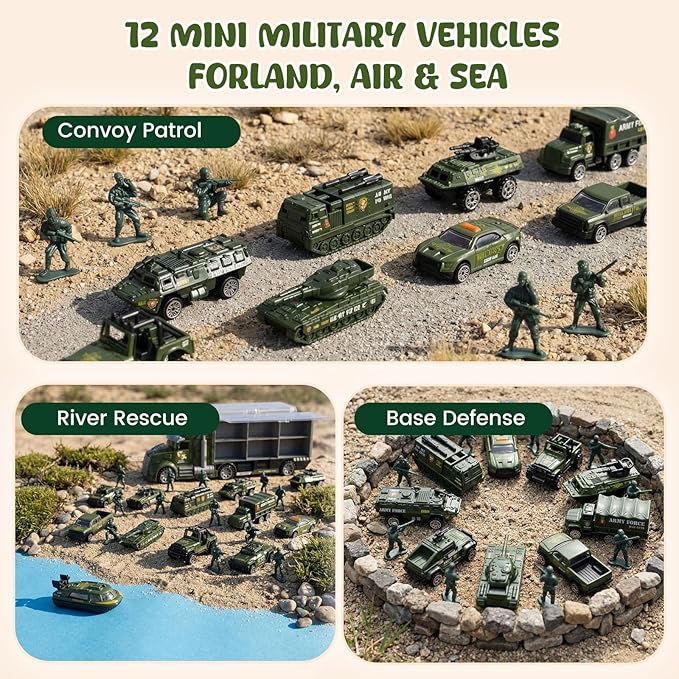 LovesTown 25 in 1 Green Military Big Truck Toys, Army Men Carrier Truck with Tanks & Soldier Men, Battle Vehicles with Lights and Sounds, Birthday Gifts for Boys