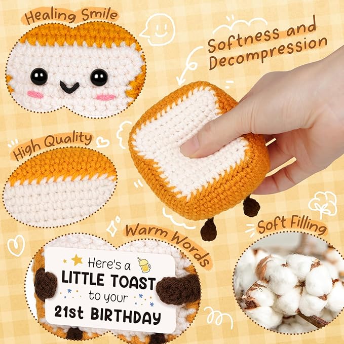 Glydein A Little Toast to Your 21st Birthday - Mini Handmade Crochet Toast Gifts for 21st birthday female Male, Funny 21st Birthday Gifts for Her Him Daughter Son Sister Friend, Adult Handmade Crochet