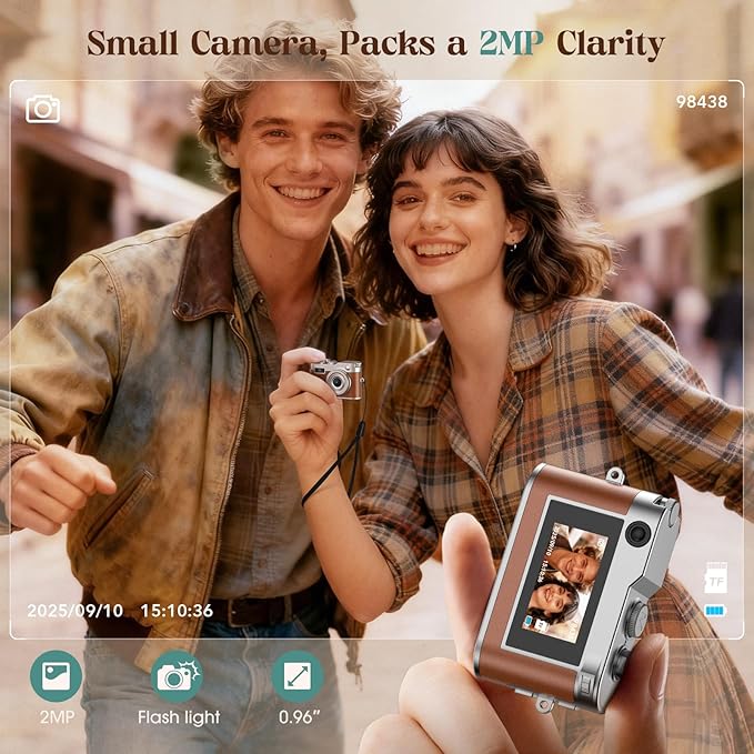 HOTU Mini Digital Camera, Keychain Camera 1080P HD with 2MP Lens, Flash, Video Recording, 32G Card Included, Portable and Compact Retro Vlog Camera for Travel, Kids, Brown
