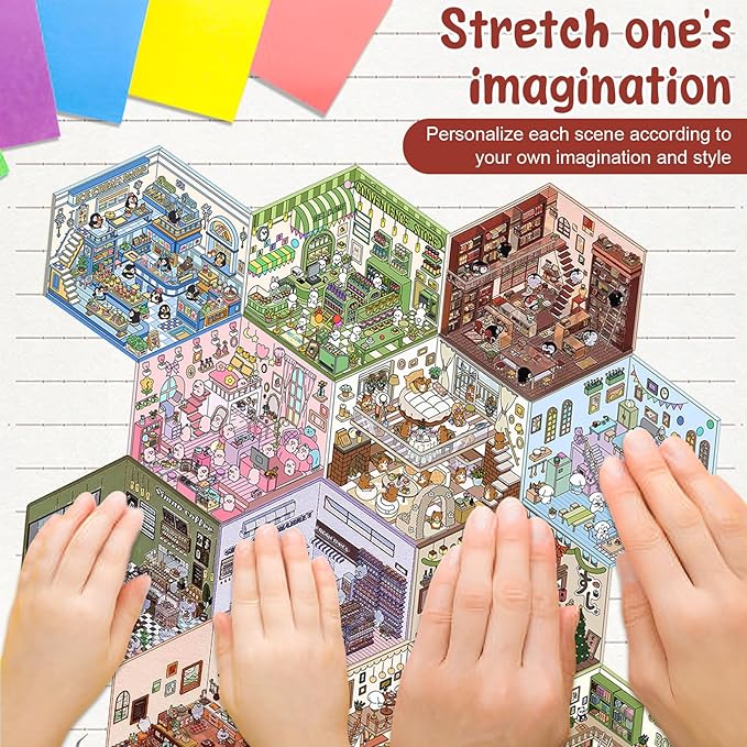 DIY 3D House Sticker, Creative 3D Stickers Scene, Fun 3D House Sticker Set, Decorative 3D Room Sticker, Cartoon 3D Miniature Scene Stickers for Adults Kids to Make Your Own Mini Room Scenes (Set 3)