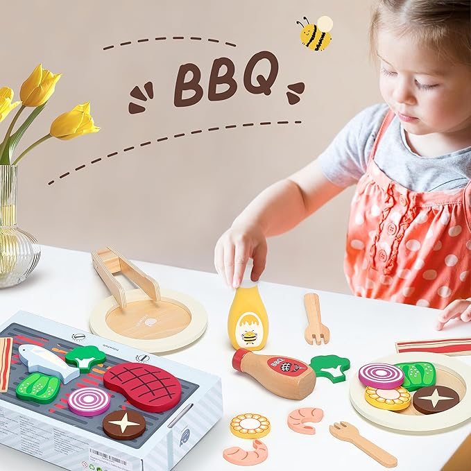 Pillowhale Wooden Play Food for Kids Kitchen - 24 Pcs Montessori Pretend Play Kitchen Accessories, Educational Learning Toys with Toy Fruits, Vegetables & Meat, Gift for Boys Girls Ages 3-6