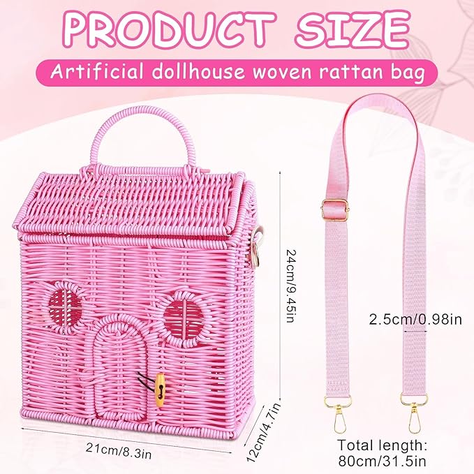 Handmade Rattan Doll House Rattan House Shape Shoulder Bag Wicker Basket with Lid Mouse in a Box Storage BasketDecorative Hand Woven Shelf Organizer Woven Handcrafted Artwork Gift (Pink)