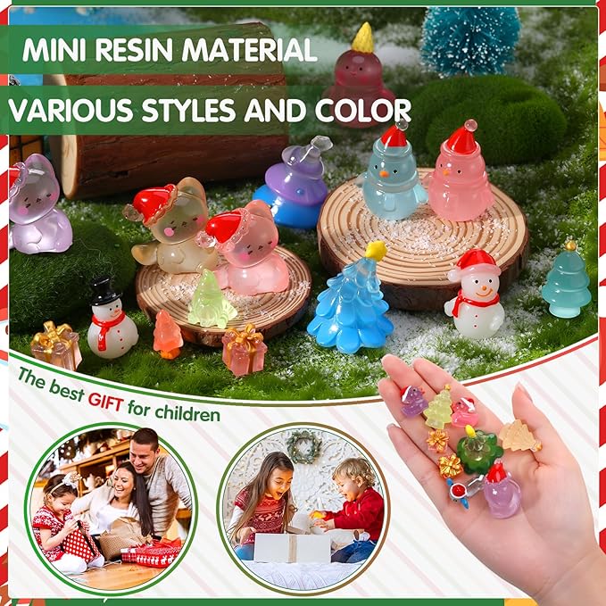 48PCS Mini Christmas Luminous Figurines Christmas Resin Miniatures Glow in The Dark Tiny Figures to Hide Small Snowman Figures for Xmas Goodie Bag Mini Presents for Crafts