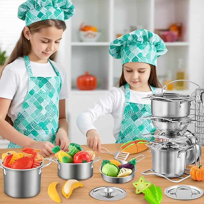 12Pcs Kids Pretend Play Kitchen Accessories Toy Stainless Steel Metal Pots and Pans Playset with Rack Mud Kitchen Accessories Toy Pots and Pans for Kids Toddler Age 3 Years Old