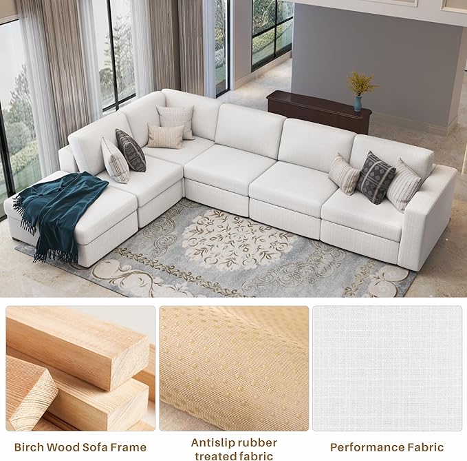 Sectional Couches for Living Room - Modular L Shaped Couch with Ottoman - Beige U Shape Sofa Furniture Set 6 Piece Modern Upholstered Oversized Daybed Sleeper Sofas