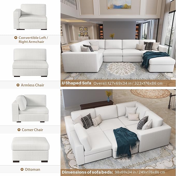 Sectional Couches for Living Room - Modular L Shaped Couch with Ottoman - Beige U Shape Sofa Furniture Set 6 Piece Modern Upholstered Oversized Daybed Sleeper Sofas