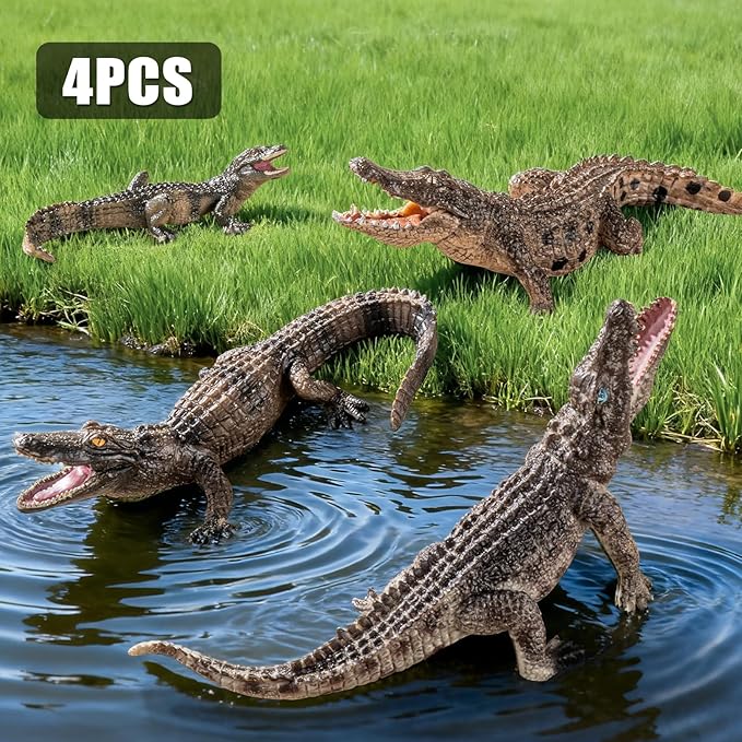 4PCS Safari Alligator Crocodile Animal Toy Figurines, Realistic Plastic Animal Figures for Kids,Includes Caiman & Nile Crocodile and 2 Alligators, Party Favors Cake Toppers for Boys Girls