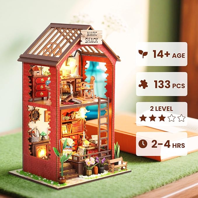 DIY Book Nook Kit, Beginner 3D Puzzle Wooden Book Nook, Dollhouse Kit, with Furniture and LED Light, Accessories Educational Toys, for 14+ Teens and Adults Building