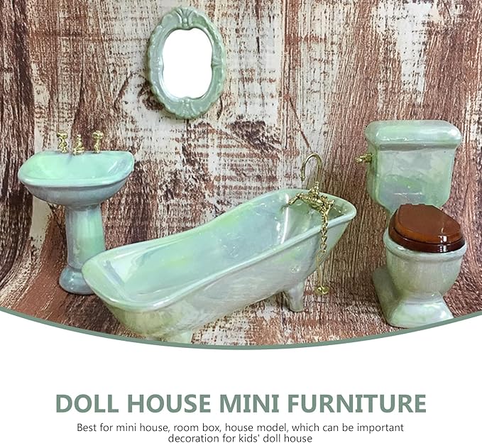 NUOBESTY Home Decor 1: 12 Miniature Porcelain Bathroom Set Toilet Basin Bathtub Mirror Miniature Ornaments for Doll House Plant Pot Decorations