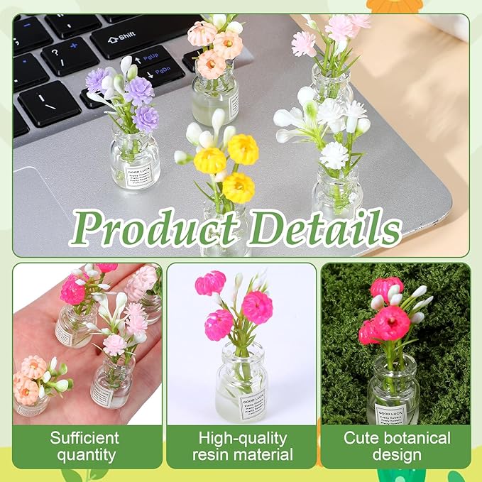 10 Pcs Miniature Flower Dollhouse Plants, 1:12 Scale Glow in The Dark Glass Vase Flowers, Tiny Plant House Decor for Dollhouses Accessories, Fairy Gardens