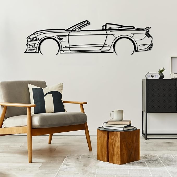 DecoSoul Mustang Metal Car Wall Art, Sports Car, Automotive Silhouette Line Decoration, Minimalist Sculpture for Garage, Indoor Outdoor Wall Hanging, Gift for Boyfriend (Black - 20 x 5.5” inch)