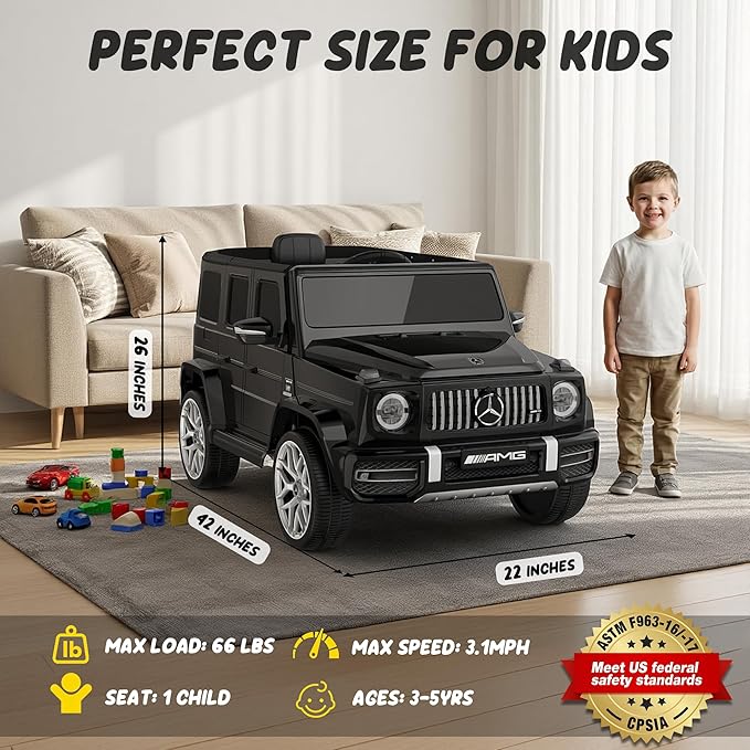 Licensed Mercedes Benz G63 Kids Electric Car, 12V 7Ah G wagon Ride on Car w/Safety High Window, Remote Control, 3 Speeds, Music Player, Horn & LED Lights for Toddlers (Black)