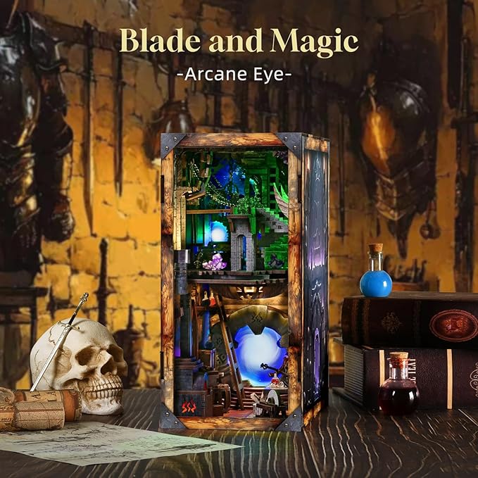 DIY Book Nook Kit, DIY Miniature Dollhouse Booknook Kit, 3D Wooden Puzzle Bookend Bookshelf Insert Decor with LED Light for Teens and Adults (Blade and Magic)