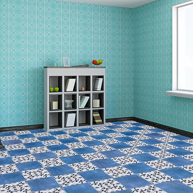 ShinyRelief 120 Pcs Dollhouse Floor Tiles Dollhouse Flooring 1 12 Scale 1 6 Scale Doll House Wallpaper Peel and Stick Miniature Bricks Carpet Double Sided Floor Tile (Floral & Blue Color Marble)