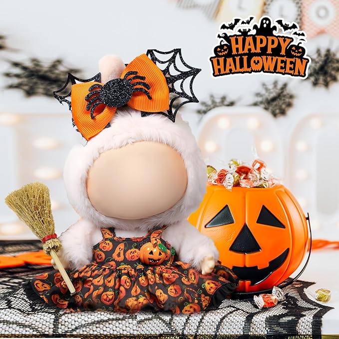 Clothes for LABUBU Doll (NO Doll), 2-Piece Pumpkin Princess Accessories for LABUBU 17cm Dolls, Premium Fashion Outfit for LABUBU Unique Dress Up - Spider Headdress + Pumpkin Dress