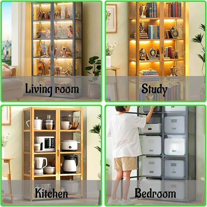 Curio Display Cabinet with Acrylic Doors for Collectibles Small Curio Cabinet 4 Tier 3 Tier Figures Display Case Toys Display Shelves Vitrina Storage Cabinet,Brown,4 Tier_Double Door