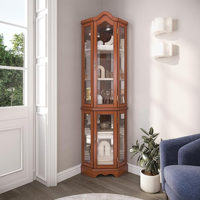 BELLEZE Lighted 3-Side Glass Display Curio Cabinet w/Tempered Glass Doors and Shelves, Curved Wood Corner Cabinet with Bulb, Corner Storage Rack for Living Room and Kitchen (Oak)