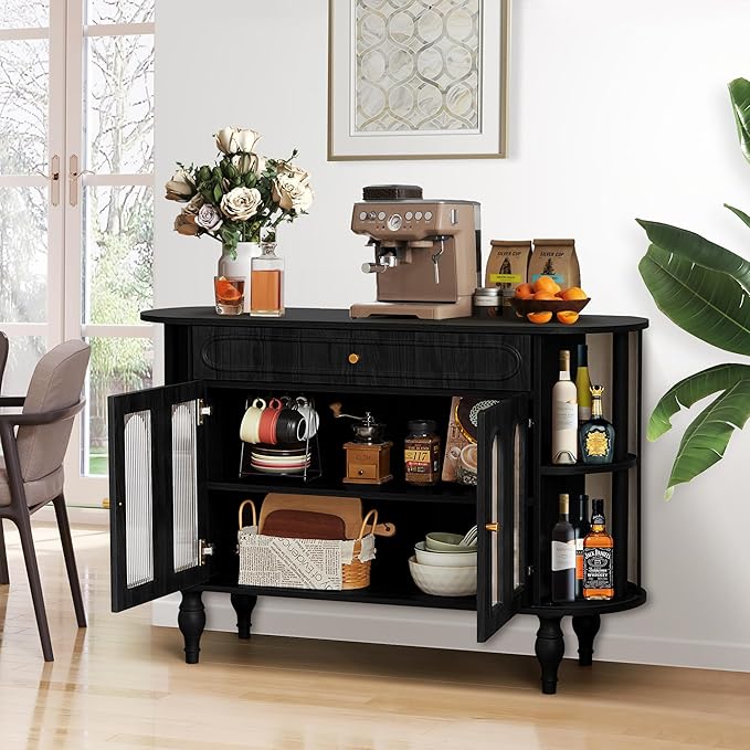 47'' Fluted Sideboard Buffer Cabinet with Drawer, Modern Credenza Storage Cabinet, Bar Cabinet Console Table with Tambour Sliding Side for Living Dining Room Kitchen Hallway Entryway, Black