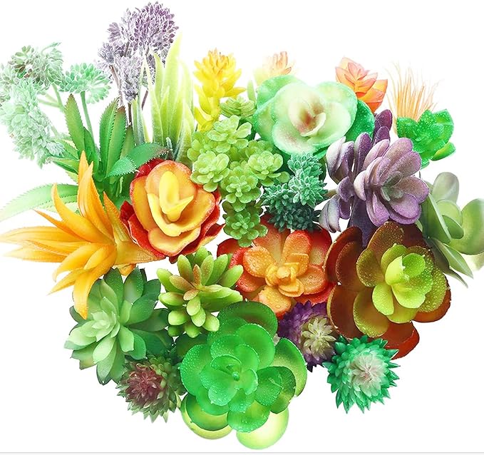 Woohome 34 PCS Artificial Succulents Picks Set, 24 PCS Mixed Color Artificial Succulent Plants and 10 PCS Simulation Ladybug for Faux Succulents Floral Arrangement, Home Decoration