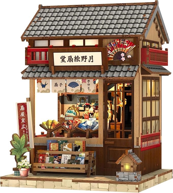 Cutefun Book Nook Kit - DIY Miniature House Kit for Adults, Teens and Beginners, Japanese Booknook Tiny House Bookshelf Decor 3D Wooden Puzzles, Gifts for Friends & Family (Folding Fan Shop)