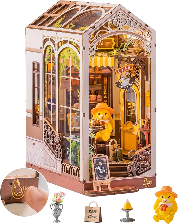 ROBOTIME DIY Book Nook Kit Holiday Café, 3D Wooden Puzzle Miniature Coffee Shop with LED Light, Creative Bookshelf Decor Diorama Kit for Adults, Unique Gift Idea
