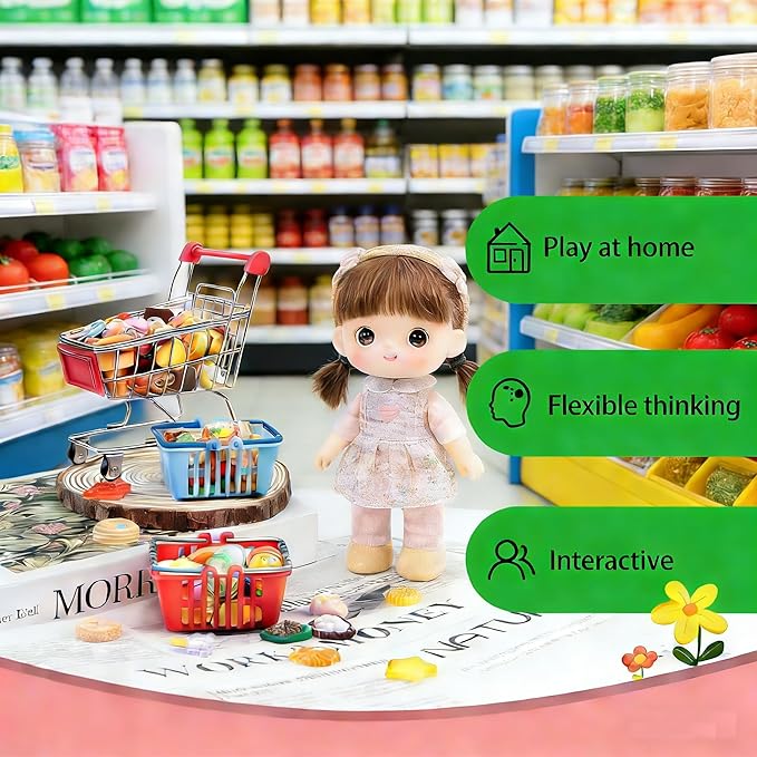 112pcs Miniature Dollhouse Grocery Set Shopping Cart Basket Food Drink Bottle Supermarket Metal Handcart Toys Doll House Store Cosplay Game Dollhouse Grocery Party Trolley Model Dollar Bills