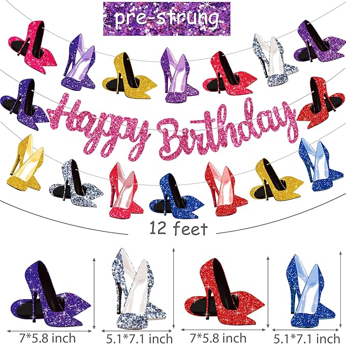High Heel Theme Banners Rose Gold High Heel Birthday Decorations Girls Birdal Shower Wedding Party Supplies Stiletto Shoes Party Favor Banners for Women Birthday Decor