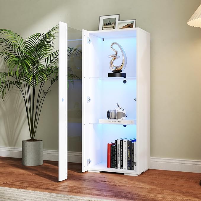 Pvillez 39" LED Display Cabinet with 3 Glass Shelves & 1 Door, Modern Wall-Mounted Curio Cabinet Display Case Storage Cabinet, High Gloss Floor Standing Bookshelf for Living Room Bedroom (White)