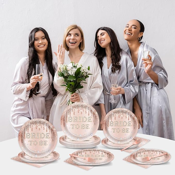 96Pcs Bridal Shower Party Decorations Rose Gold Themed Tableware Bride to Be Paper Plates Napkins Pink Bride to Be Dinnerware Party Supplies for Bachelorette Bridal Wedding Engagement Serves 24 Guests