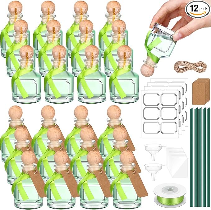 Baderke 12 Pcs 50 ml /1.7 oz Patron Shot Bottles Empty for Drinks Mini Tequila Shot Bottles Patron with Cork Lids Green Ribbon Reusable Glass Bottle for Weddings Birthday Party Favors DIY Crafts