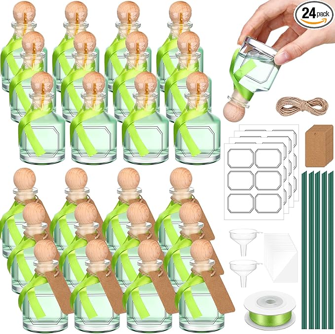 Baderke 24 Pcs 50 ml /1.7 oz Patron Shot Bottles Empty for Drinks Mini Tequila Shot Bottles Patron with Cork Lids Green Ribbon Reusable Glass Bottle for Weddings Birthday Party Favors DIY Crafts