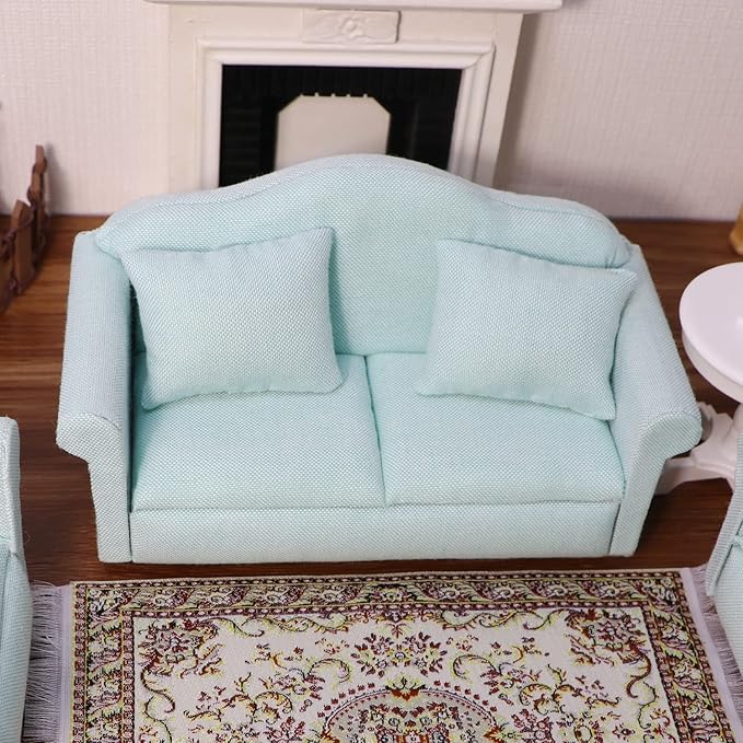 Dollhouse Couch Miniature Furniture Sofa with Pillows for Living Room Desktop Decoration Fabric Sofa Mini Home Scene Accessories Ornament (Double Sofa, Green)