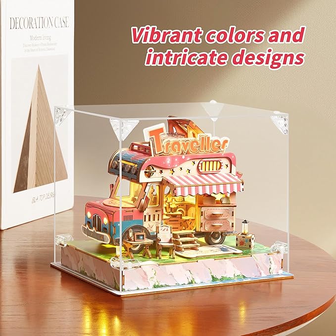 3D Puzzle Travel Truck Puzzle Model -DIY Miniature Kit Dollhouse Food Truck Wooden Model with LED Lights - Unique Gift for Adults and Kids(Camper Truck)