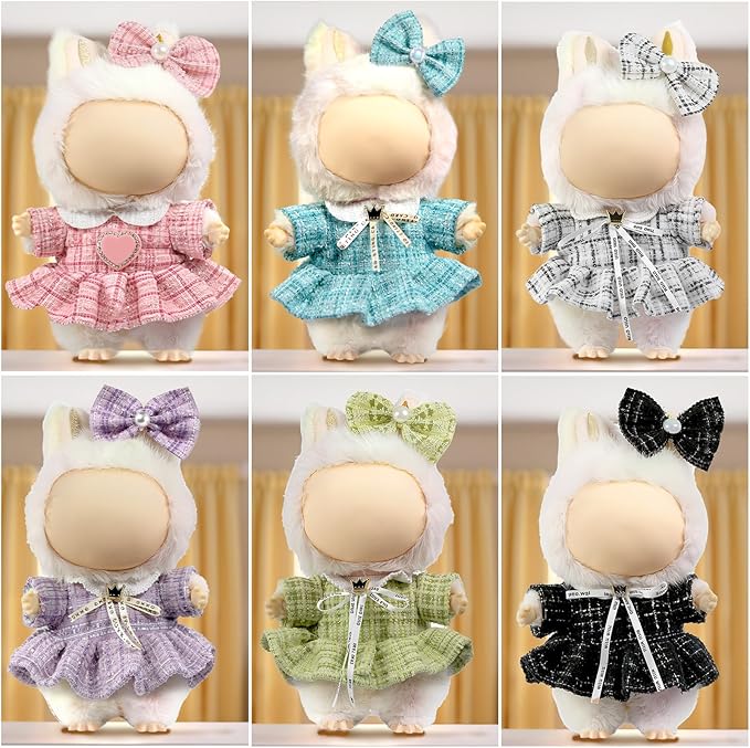 Clothes for LABUBU Doll (NO Doll), Luxury Chic Style 2-Piece Accessories for LABUBU 17cm Dolls, Premium Fashion Outfits for LABUBU - Bow Headdress + Plaid Tweed Dress (Blue)