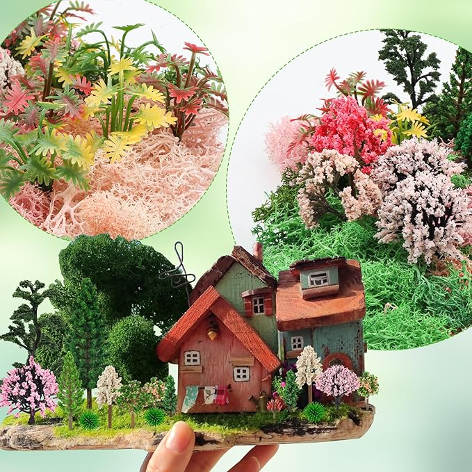 QUOZUO 36 Pcs Mixed Model Trees with 40g Moss Pink and Green, Diorama Trees Grass Mini Fake Miniature Trees Moss for Building Model, Model Train Scenery, Natural Green Landscape, Railroad Scenery