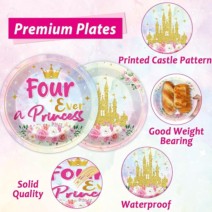 96Pcs Princess Birthday Party Supplies Four Ever a Princess Plate and Napkin Watercolor Pastel Rainbow Castle 4th Birthday Paper Dinner Plate Fairytale Party Tableware Dinnerware Set for Girl Serve 24