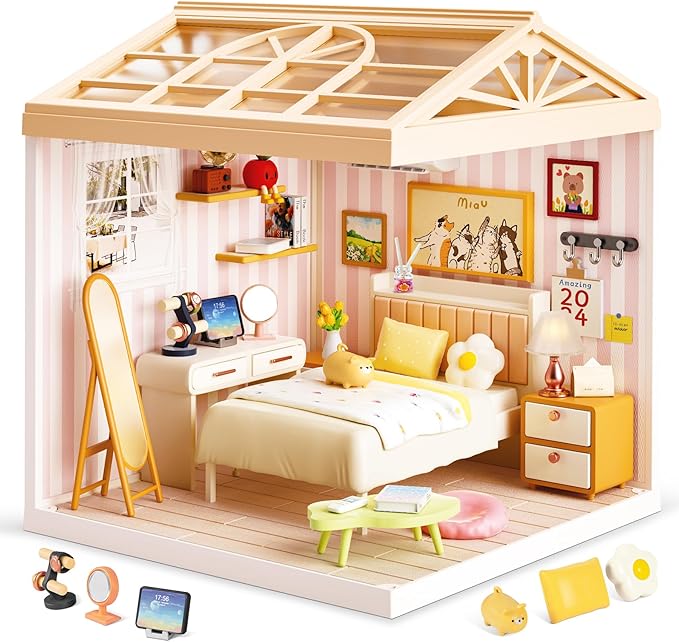 DIY Miniature House Kit Gift for Teens, Mini Dollhouse with Roof & Dust Covers, Light, Furniture, Creative Crafts for Adults for Mini Figures & Christmas Decor Gift Idea