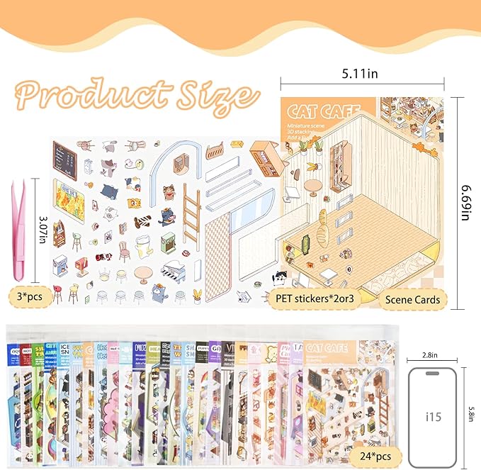 24 Sets 3D Scene Sticker Therapy Fun Cartoon Make Your Own Room Shop Scenes DIY House Stickers for Kids Cartoon Animal Relief Stress Own