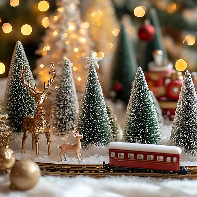 2pcs 12inch Mini Christmas Tree Bottle Brush Trees Chrismas Village Trees Ornaments Mini Plastic Christmas Trees with Wooden Base for Christmas Decoration Miniature Chrismas Tree