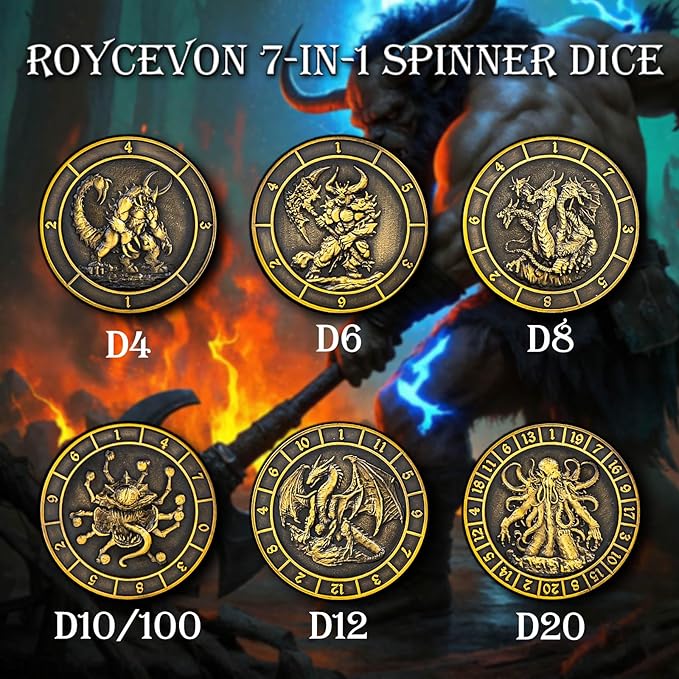 7 in 1 Unique Spinner DND Dice Set D&D, Metal Cube D and D Dice with Gift Box, Dungeons Dragons Role Playing Dice, Gold