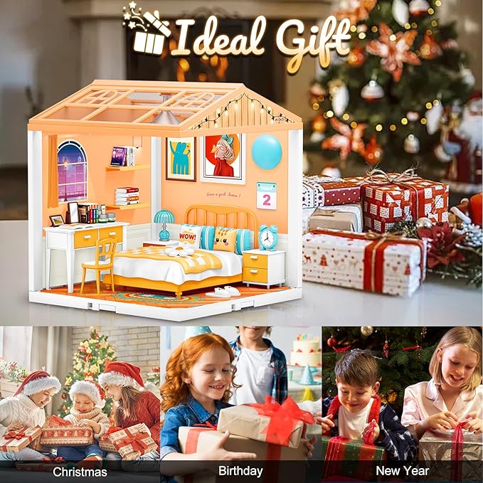 Hallisun LED Building Blocks for Adults, 1:24 DIY Miniature Dollhouse Kits with Roof & Dustproof Cover, Tiny House Toy Building Sets for Kids Ages 8-12-15, Birthday Hobbies Gift for Men Women Boy Girl